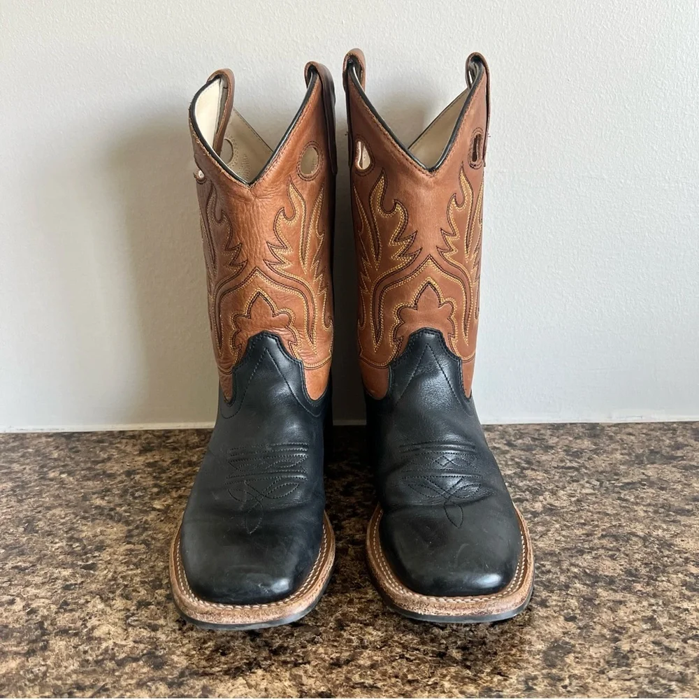 Kids Two-Tone Leather Western Boots - Black & Brown